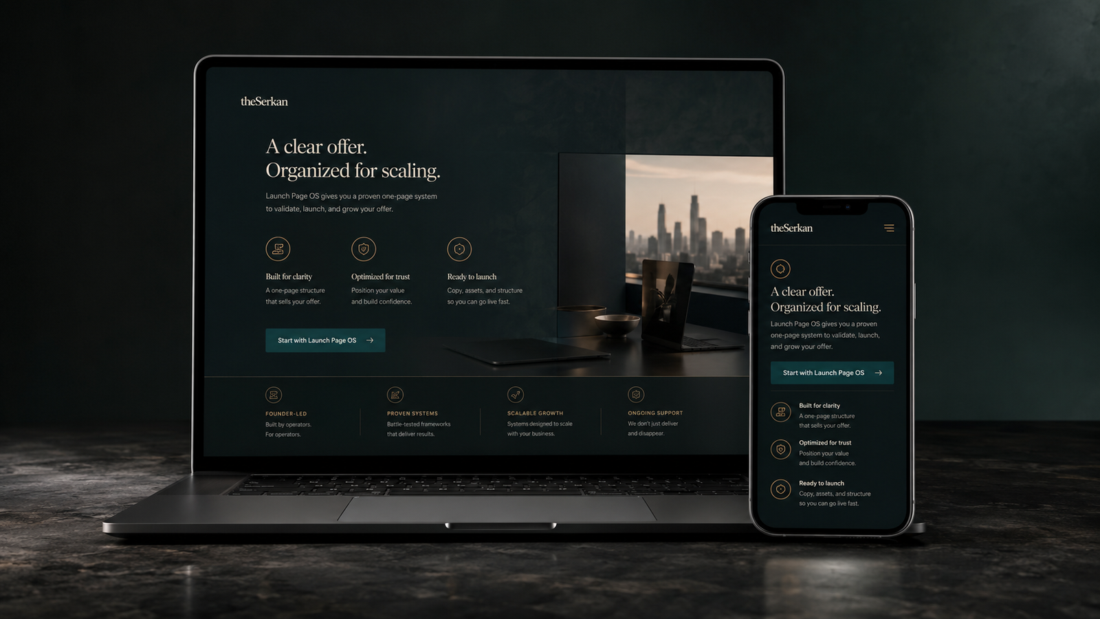 Launch Page OS displayed on laptop and mobile